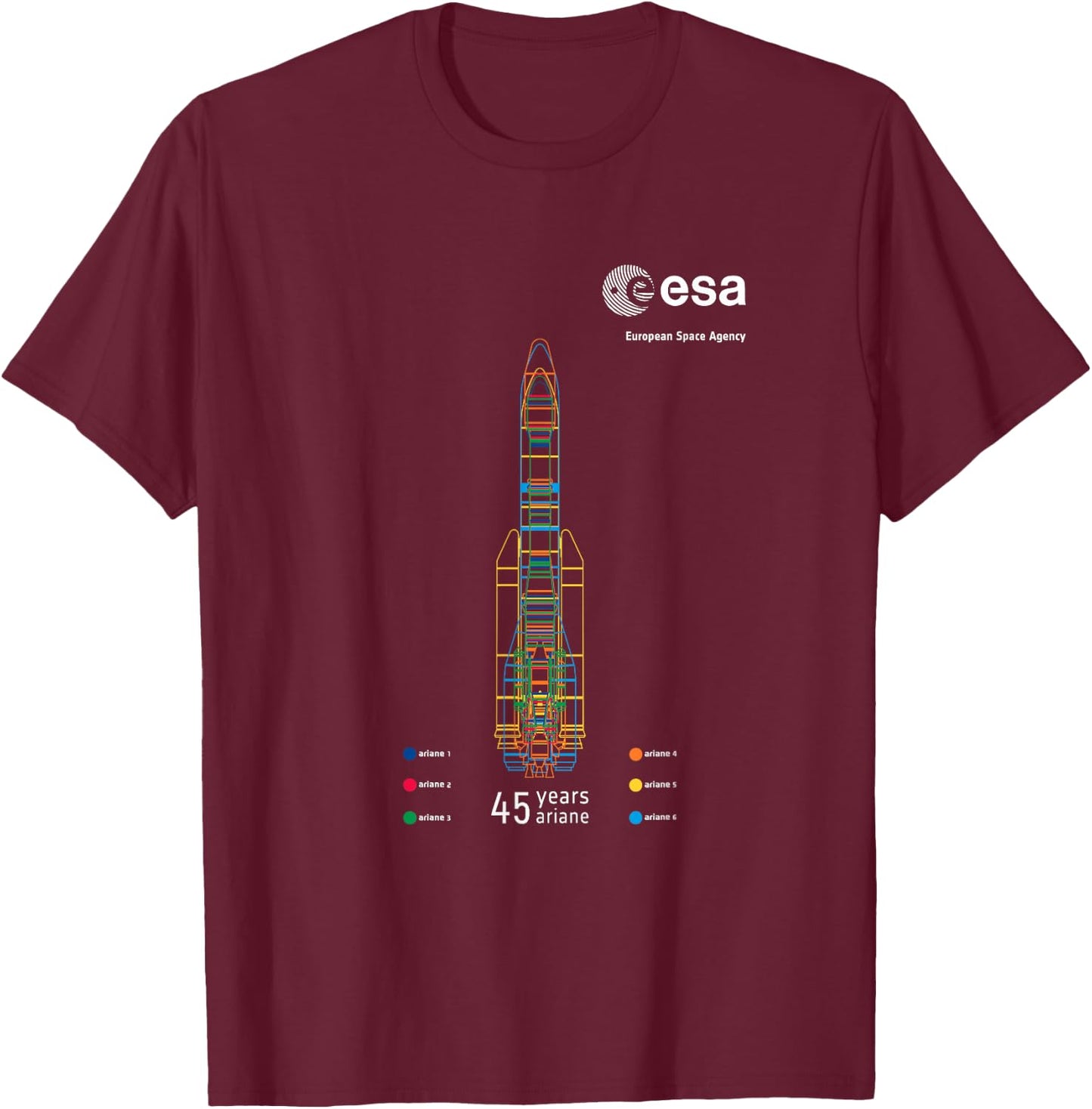 ESA European Space Agency 45 Jahre Ariane 1-6 Rocket , black T-Shirt - T-Shirt | Maroon