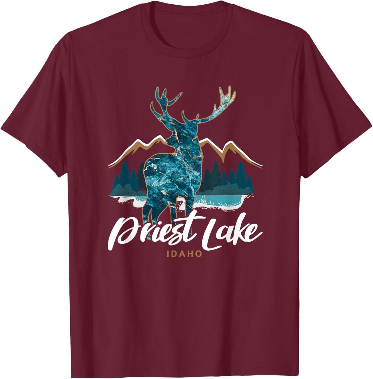 Priest Lake Idaho USA Mountains Elk Vacation Souvenir T-Shirt - T-Shirt | Maroon