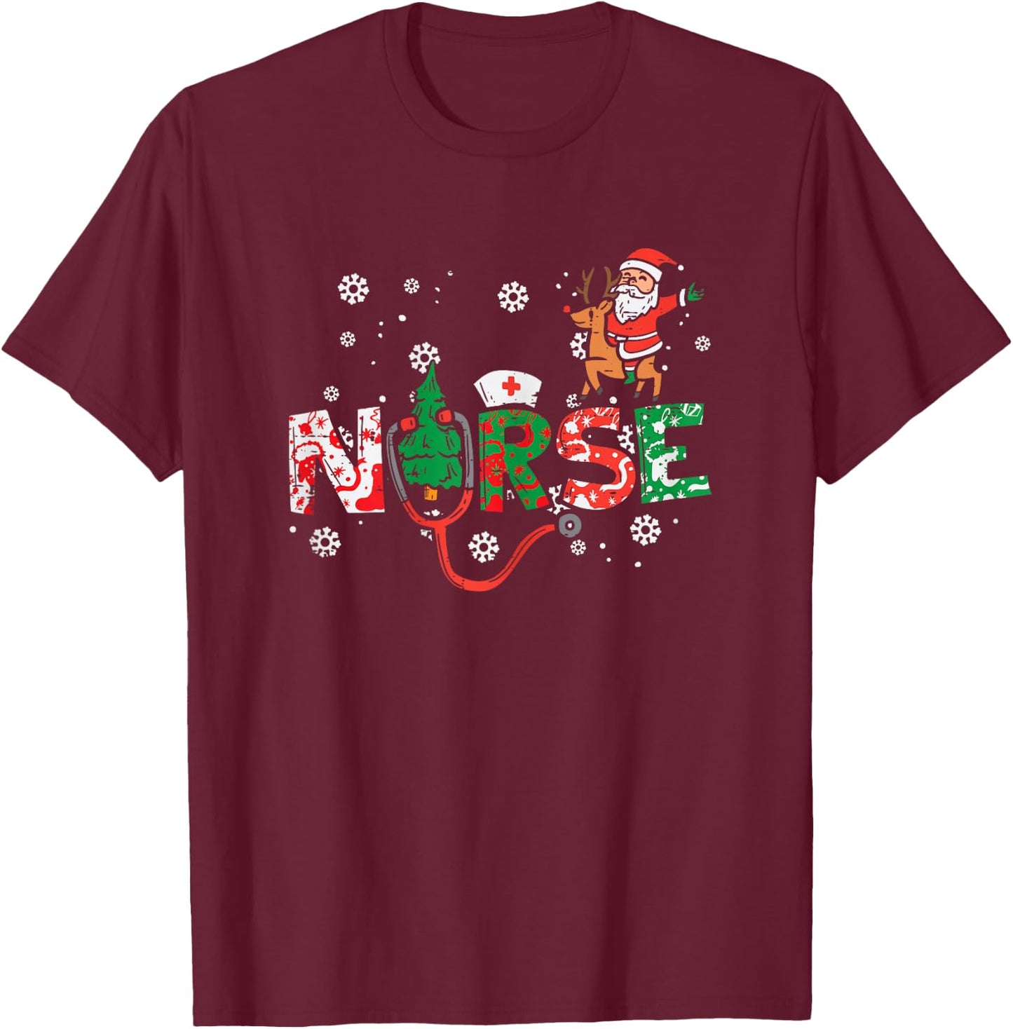 Nurse Christmas Santa Cute Xmas Winter Scrub Top Women T-Shirt - T-Shirt | Maroon