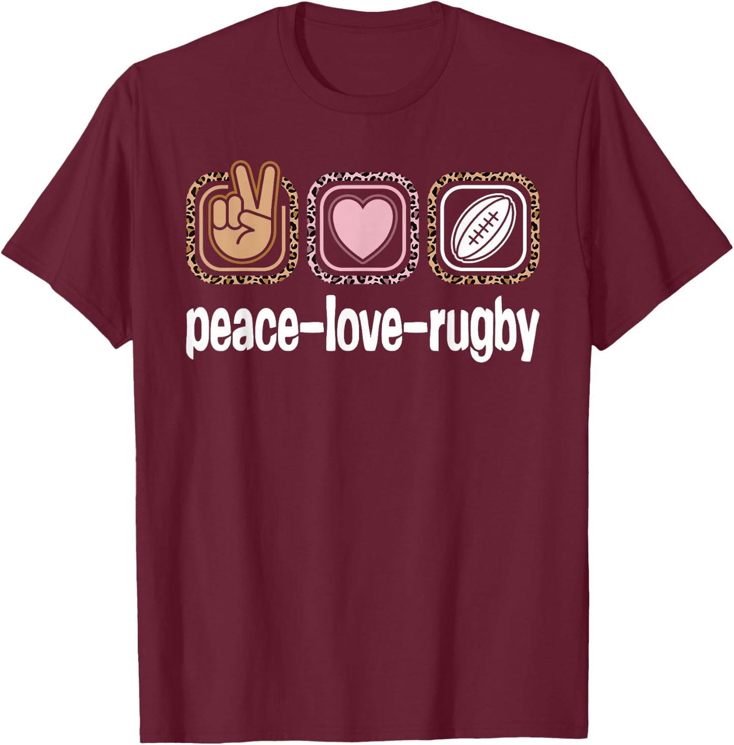 Rugby Player Leopard Print Women Girls Kids Peace Love Rugby T-Shirt - T-Shirt | Maroon