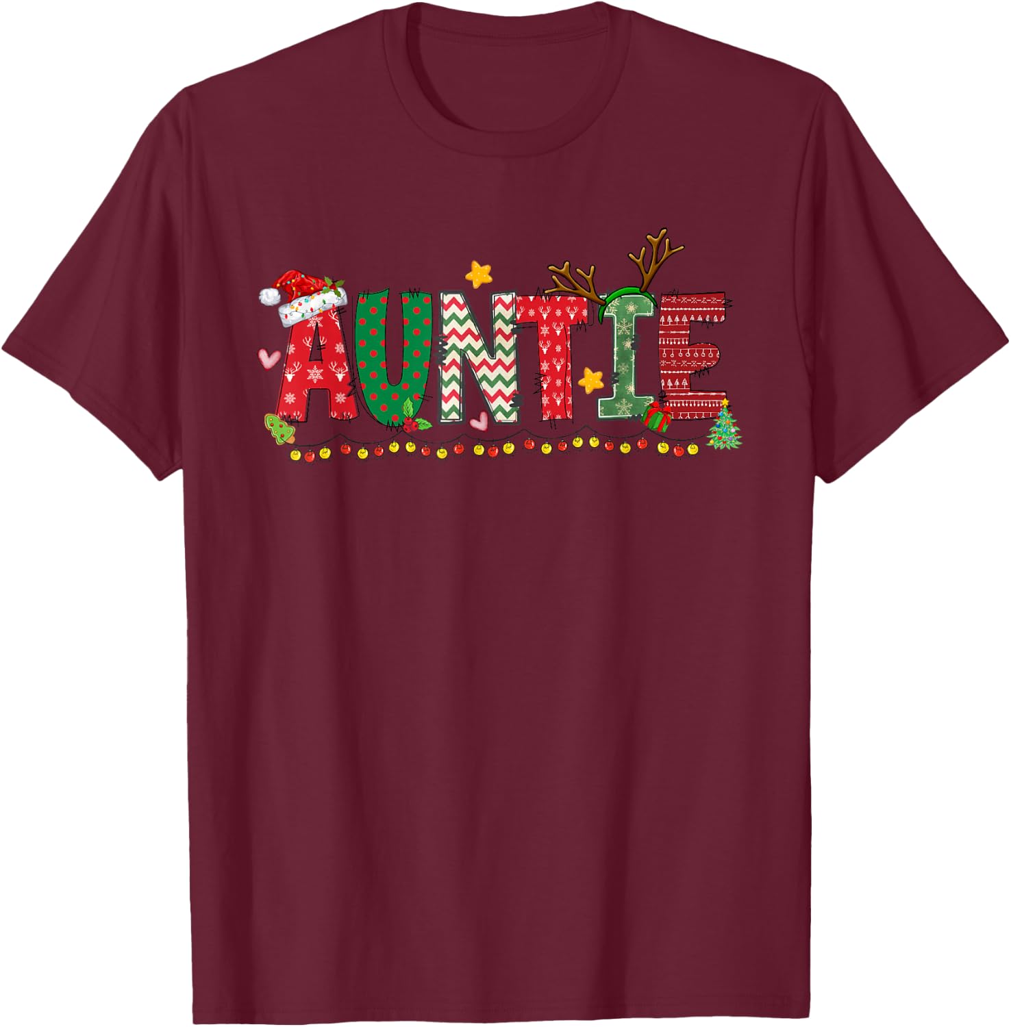 Auntie Claus Christmas Lights Pajama Family Matching T-Shirt - T-Shirt | Maroon