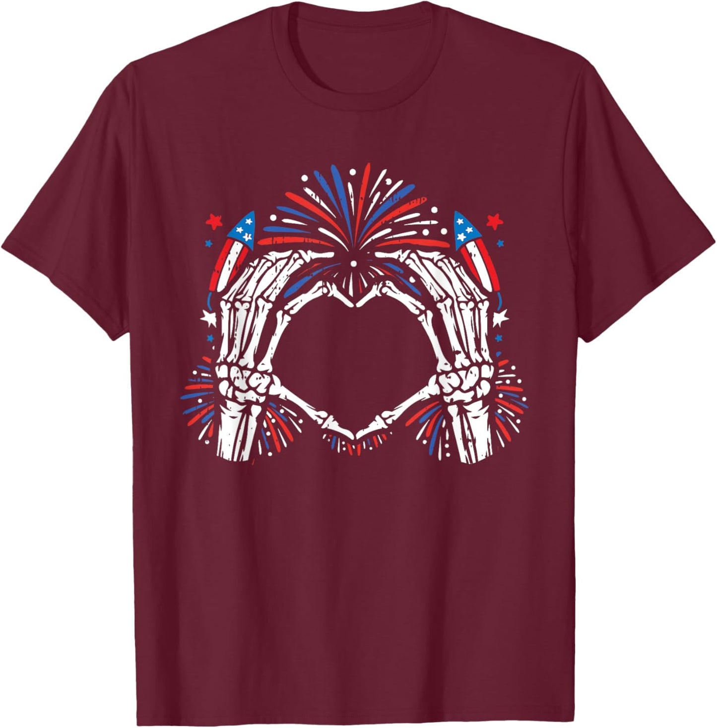 Skeleton Hand Heart 4th Of July USA Patriotic American T-Shirt - T-Shirt | Maroon