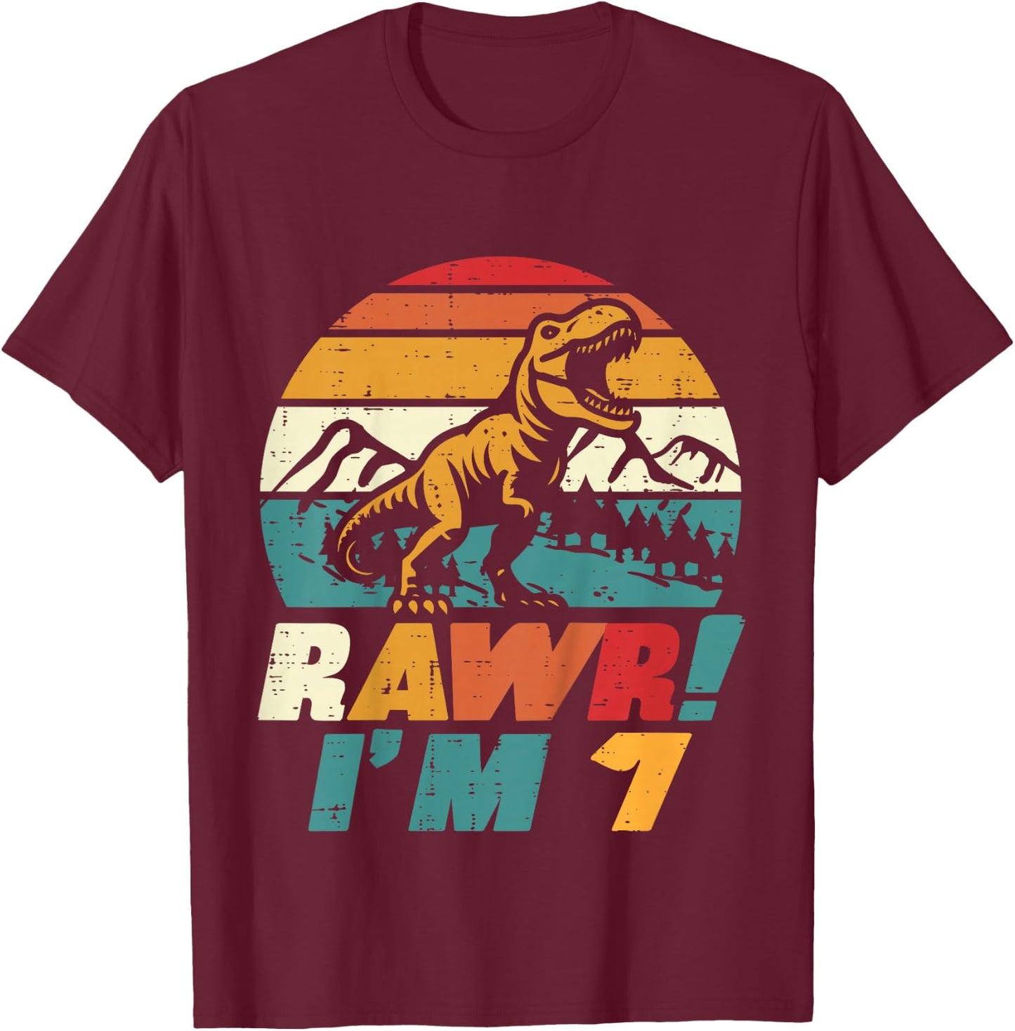 Kids 7th Birthday Dinosaur Rawr Im 7 Retro Bday Trex Boys Kids T-Shirt - T-Shirt | Maroon