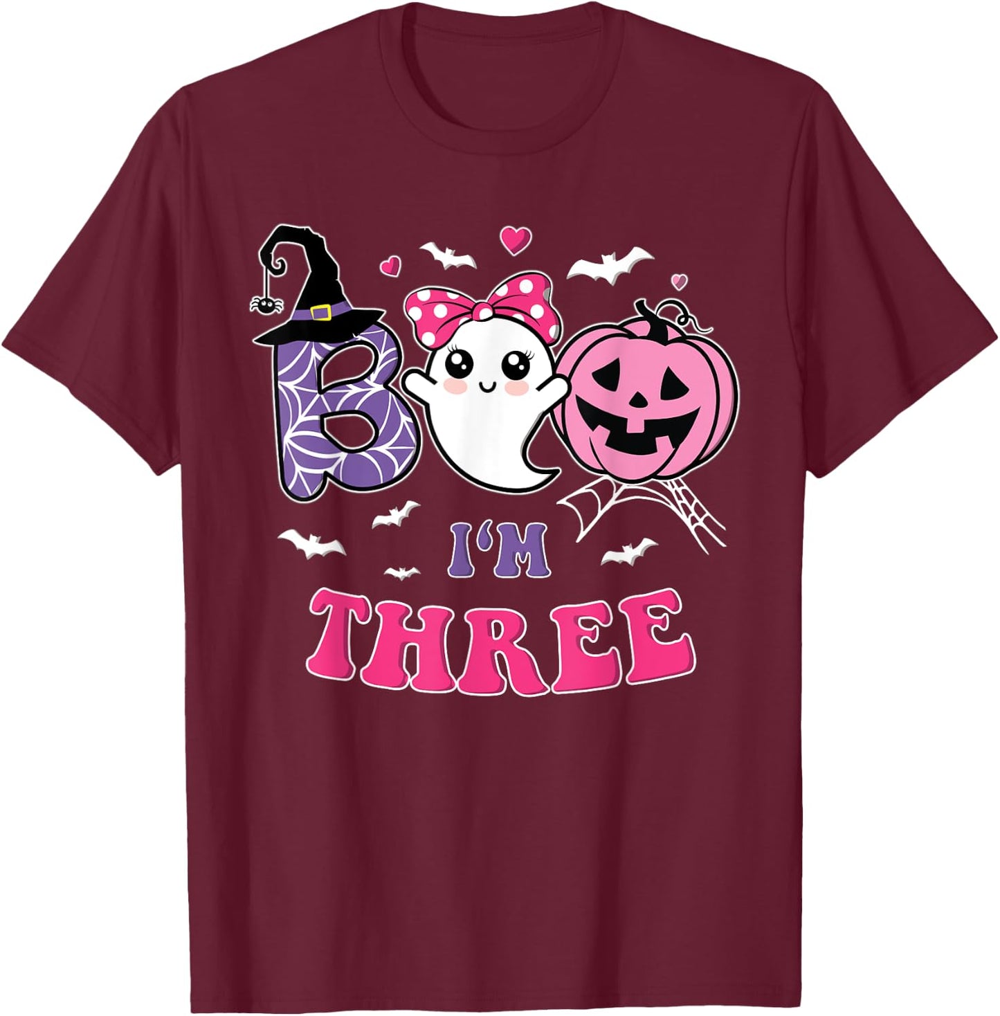 Groovy Halloween Ghost Boo I'm Three Year 3rd Birthday Girl T-Shirt - T-Shirt | Maroon