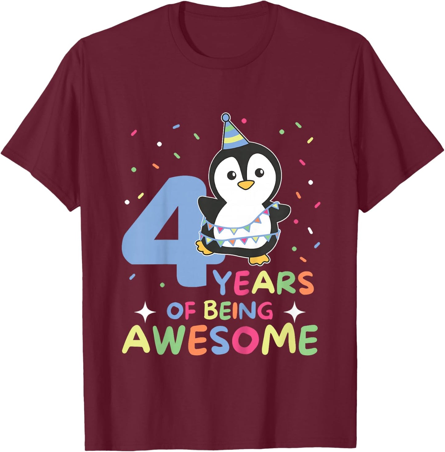 4th Birthday Penguin For Children Four Years Old T-Shirt - T-Shirt | Maroon