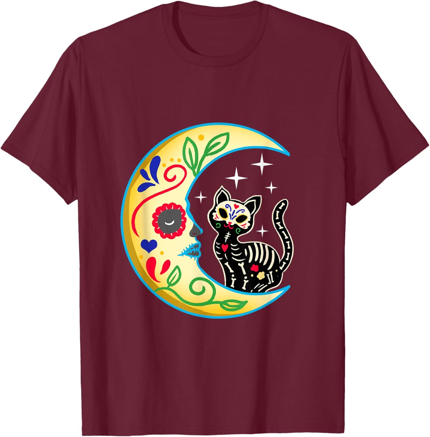 Cat & Moon Sugar Skull Dia de Los Muertos Day of The Dead Men Women Girls Kids T-Shirt - T-Shirt | Maroon
