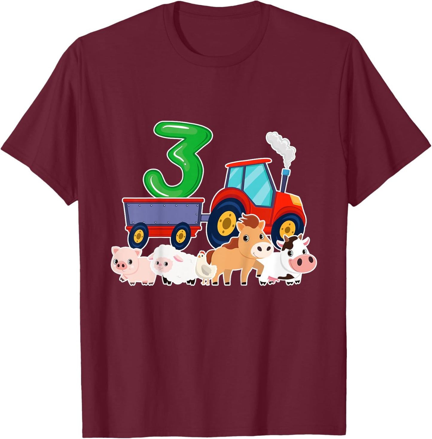 3rd Birthday Tractor 3 Years Old Farm Animals Birthday Gift T-Shirt - T-Shirt | Maroon