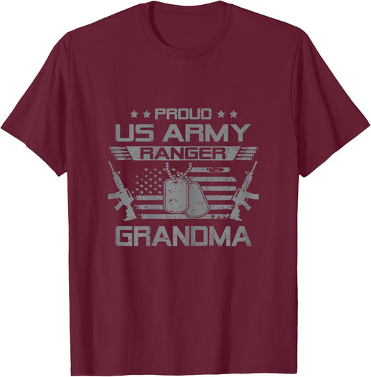 Proud US Army Ranger Grandma Flag American USA Military T-Shirt - T-Shirt | Maroon