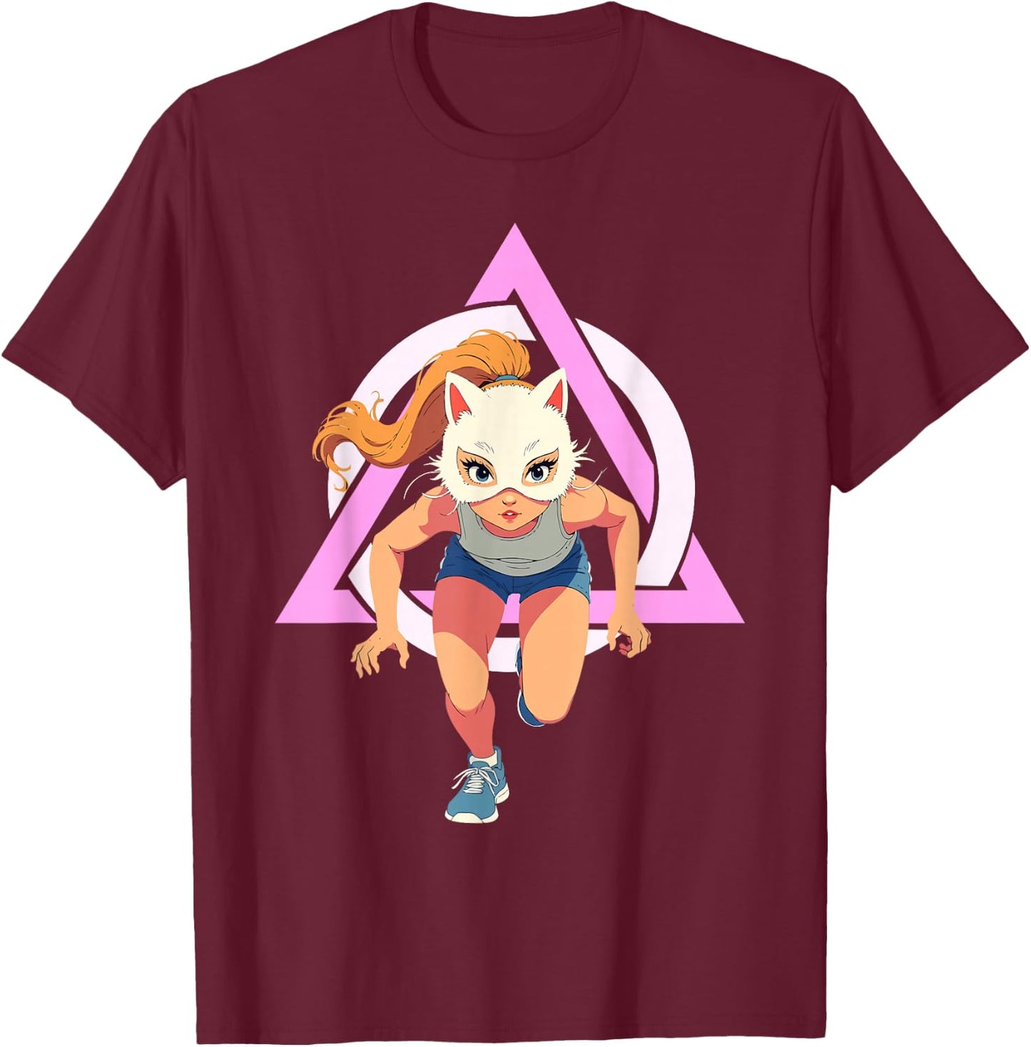 Quadrobics Girl Therian Jump Cat Mask , Black, S T-Shirt - T-Shirt | Maroon