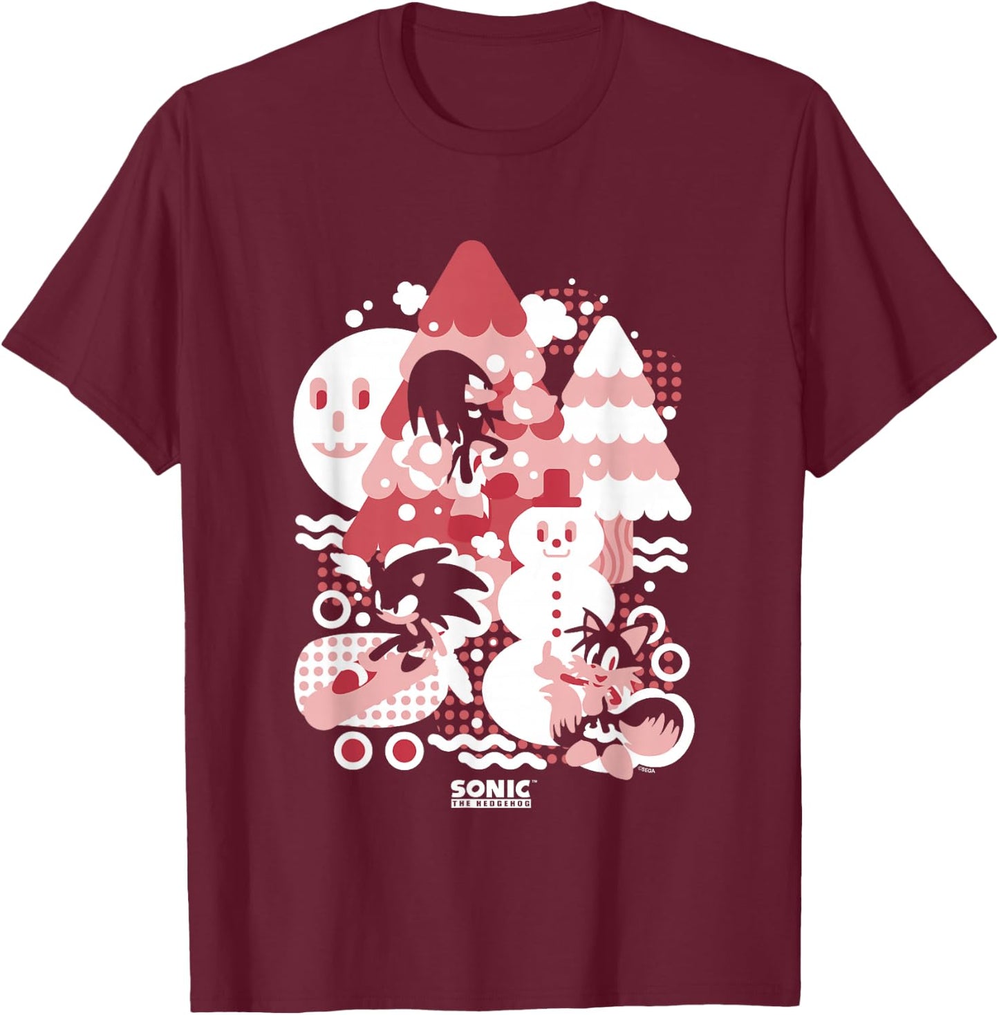 Sonic The Hedgehog Christmas Sonic Tails Knuckles Winter Fun T-Shirt - T-Shirt | Maroon