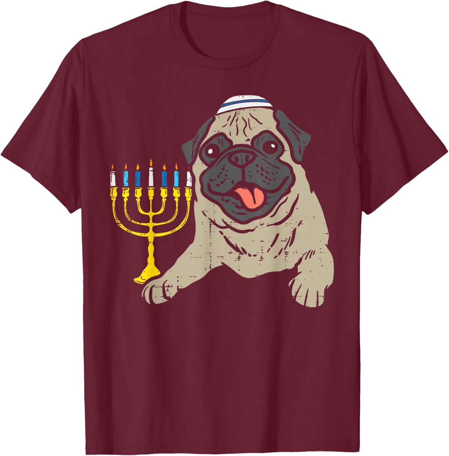 Jewish Pug Dog Menorah Hanukkah Pajamas Chanukah PJs T-Shirt - T-Shirt | Maroon