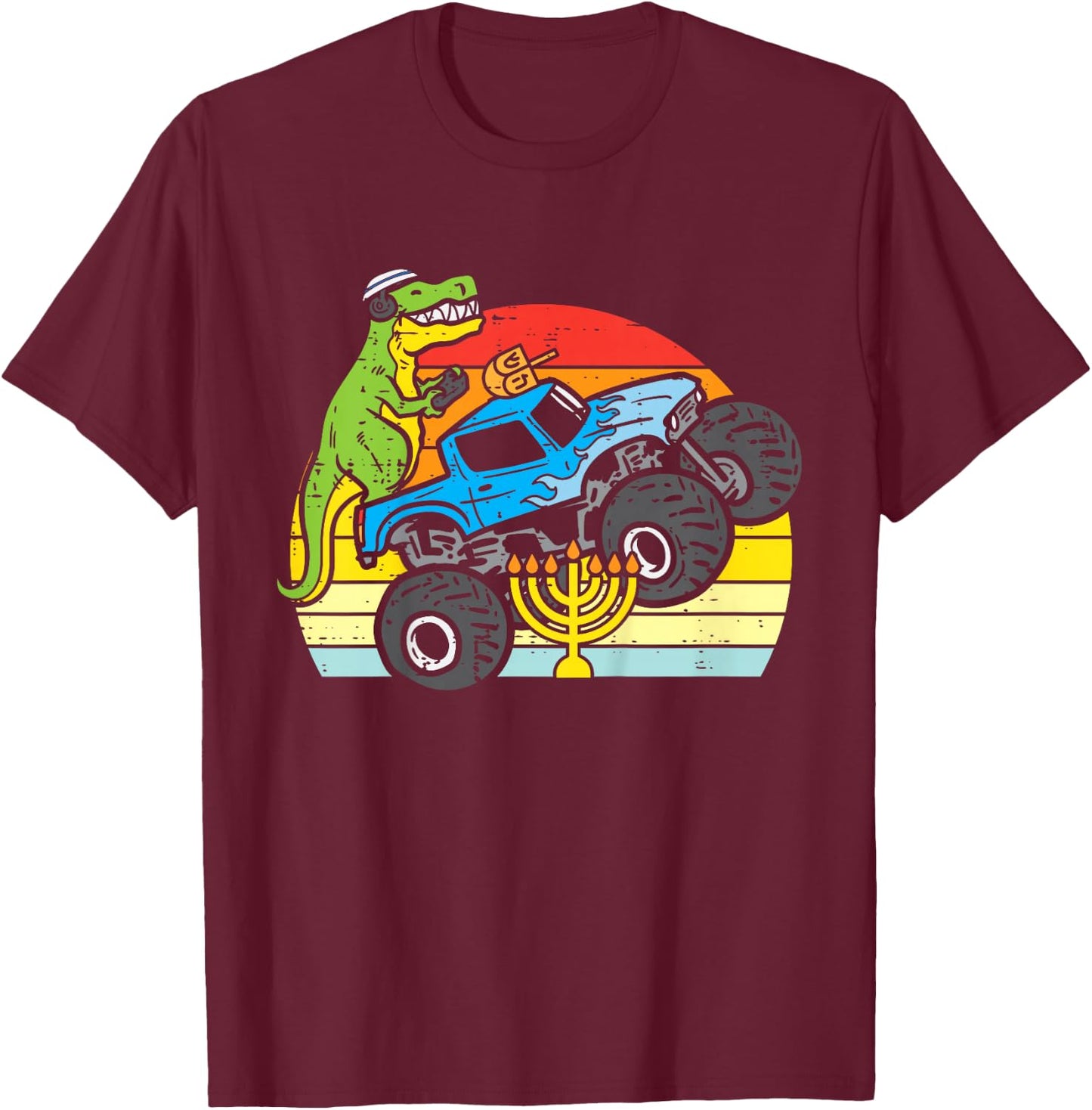Kids Trex Dino Monster Truck Menorah Boys Hanukkah Toddler Kids T-Shirt - T-Shirt | Maroon