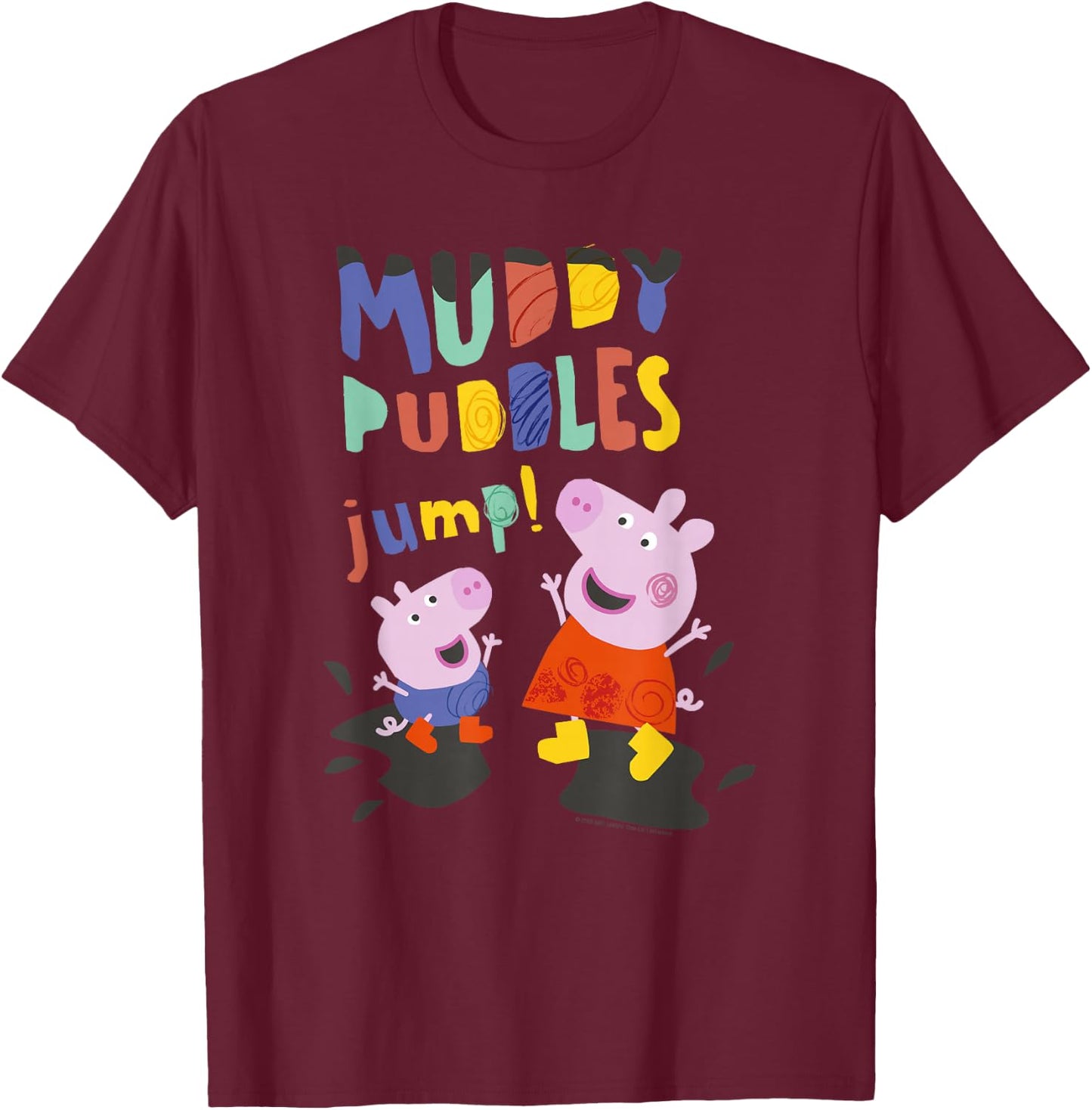 Peppa Pig Muddy Puddles Jump! Peppa & George Having Fun T-Shirt - T-Shirt | Maroon