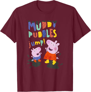 Peppa Pig Muddy Puddles Jump! Peppa & George Having Fun T-Shirt - T-Shirt | Maroon