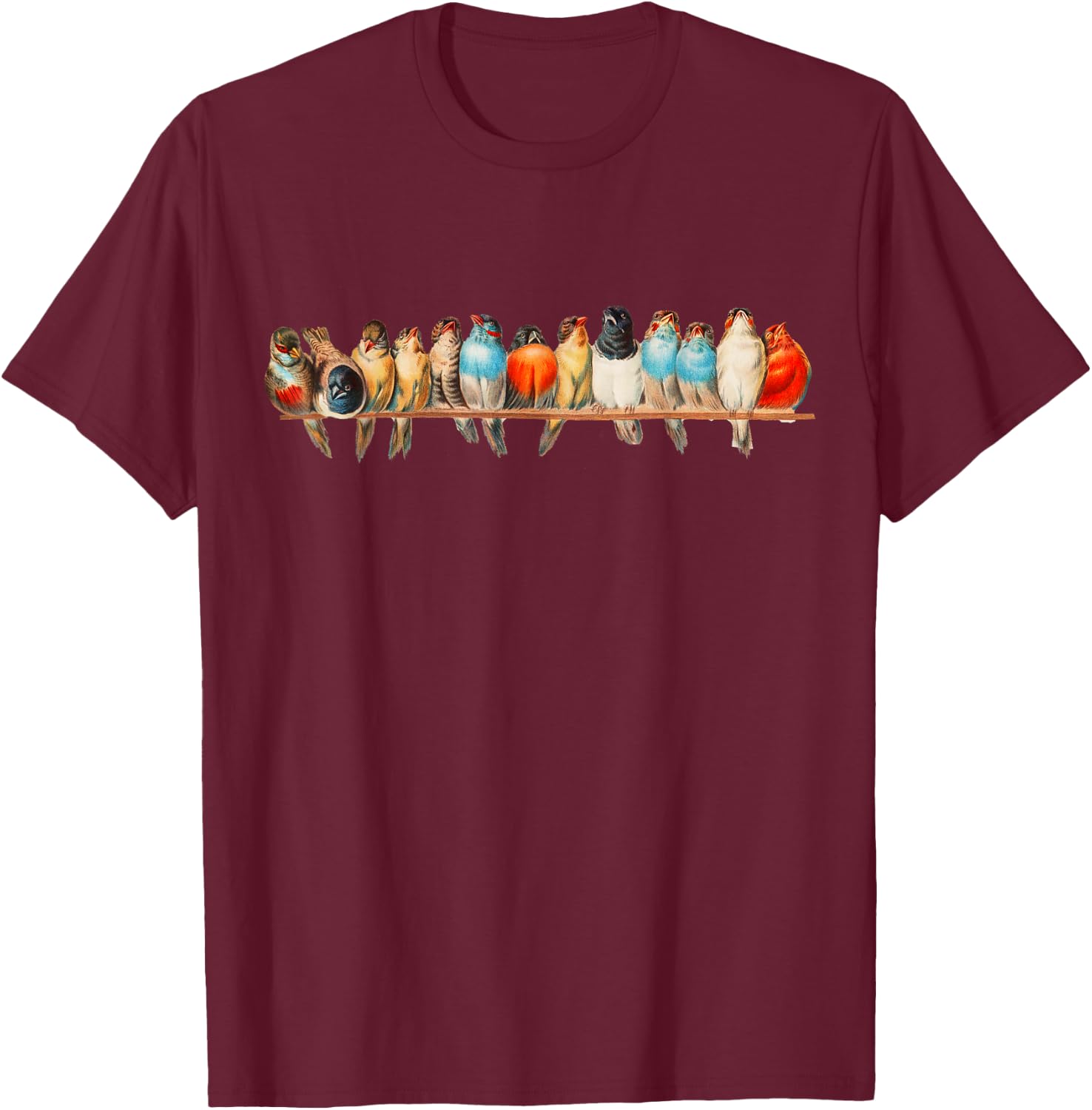 Cute Birds on a Wire Vintage Illustration T-Shirt - T-Shirt | Maroon