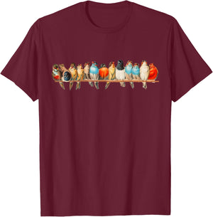 Cute Birds on a Wire Vintage Illustration T-Shirt - T-Shirt | Maroon