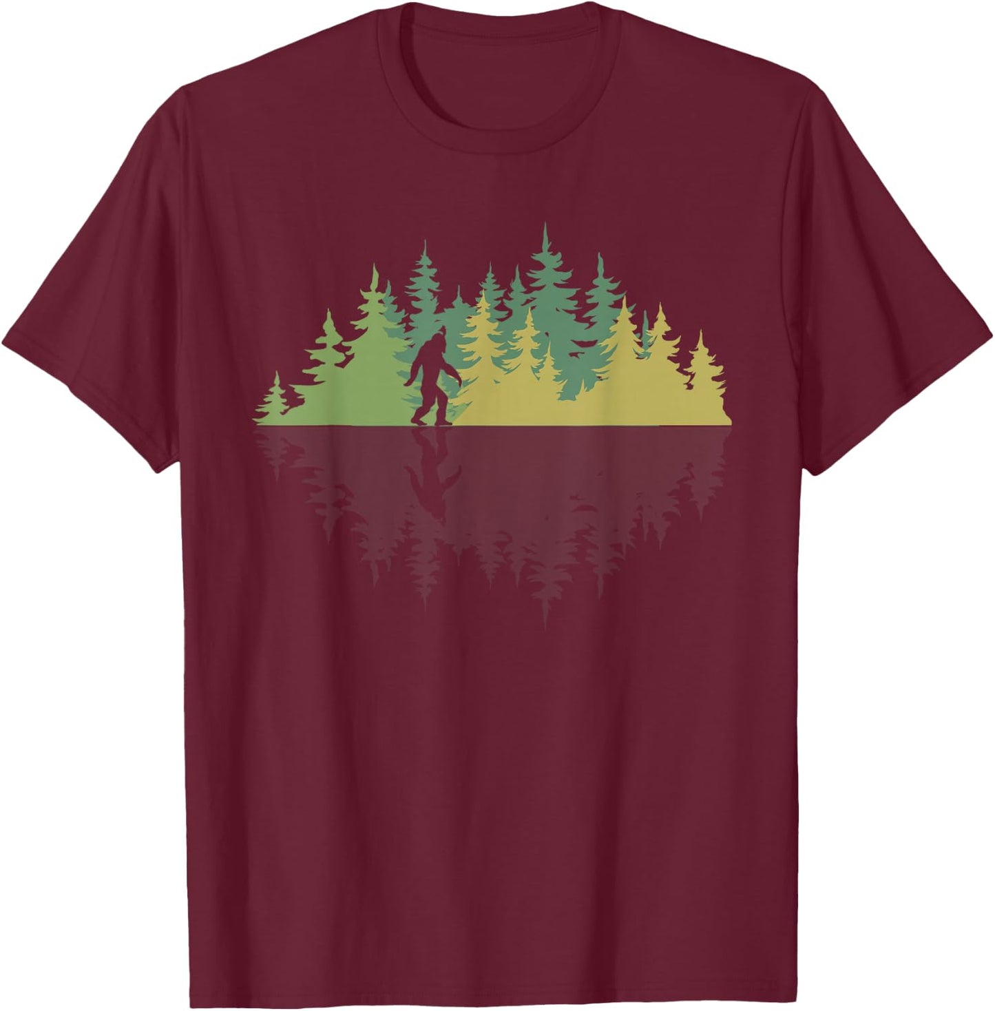 Reflection Forest Trees Sasquatch Conspiracy Yeti Bigfoot T-Shirt - T-Shirt | Maroon