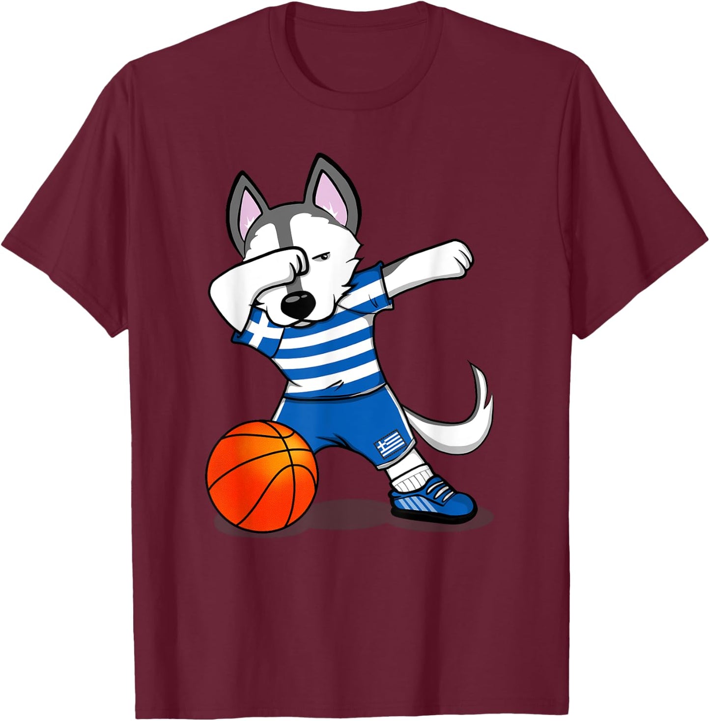 Dabbing Husky Dog Greece Basketball Fans Jersey - Greek Flag Men Women Girls Kids T-Shirt - T-Shirt | Maroon