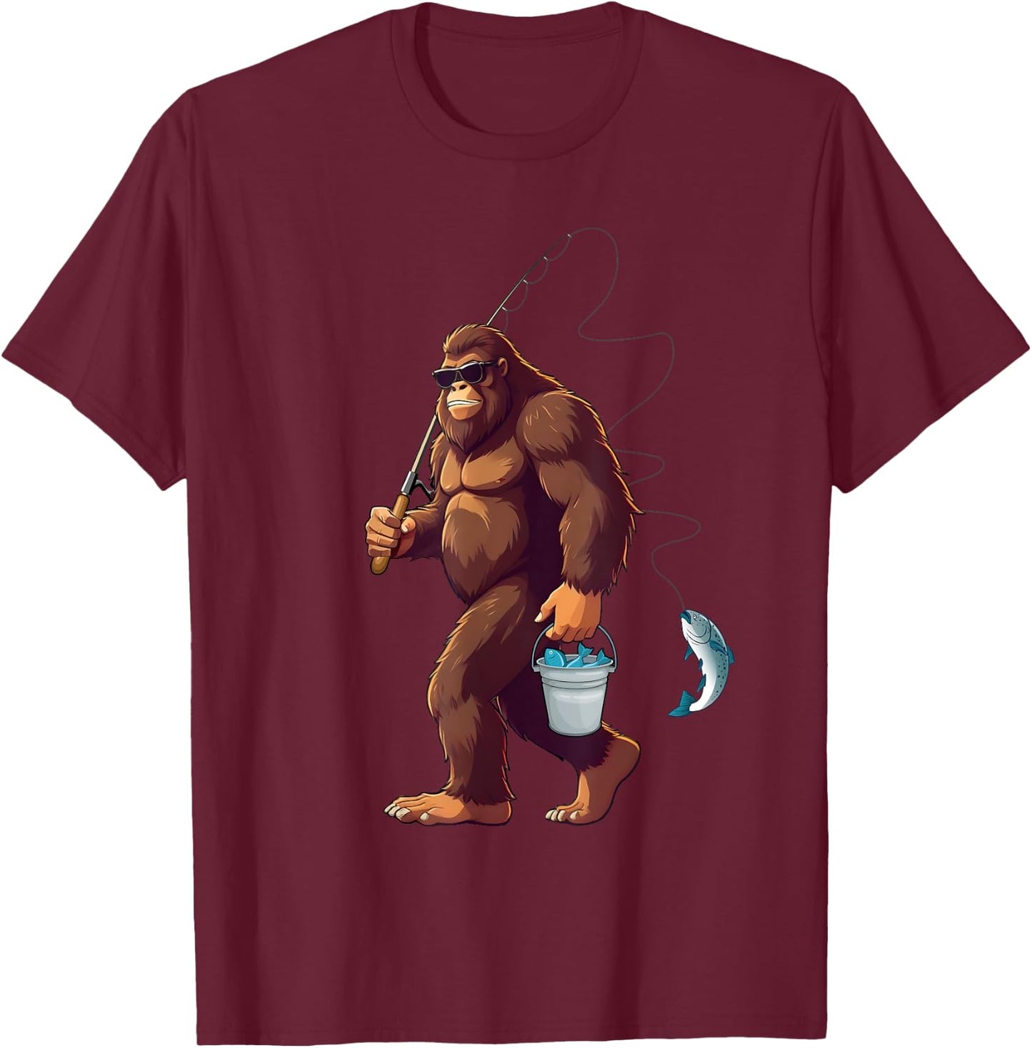 Bigfoot Fishing Funny Retro Sasquatch Fisherman Dad Men Kids T-Shirt - T-Shirt | Maroon