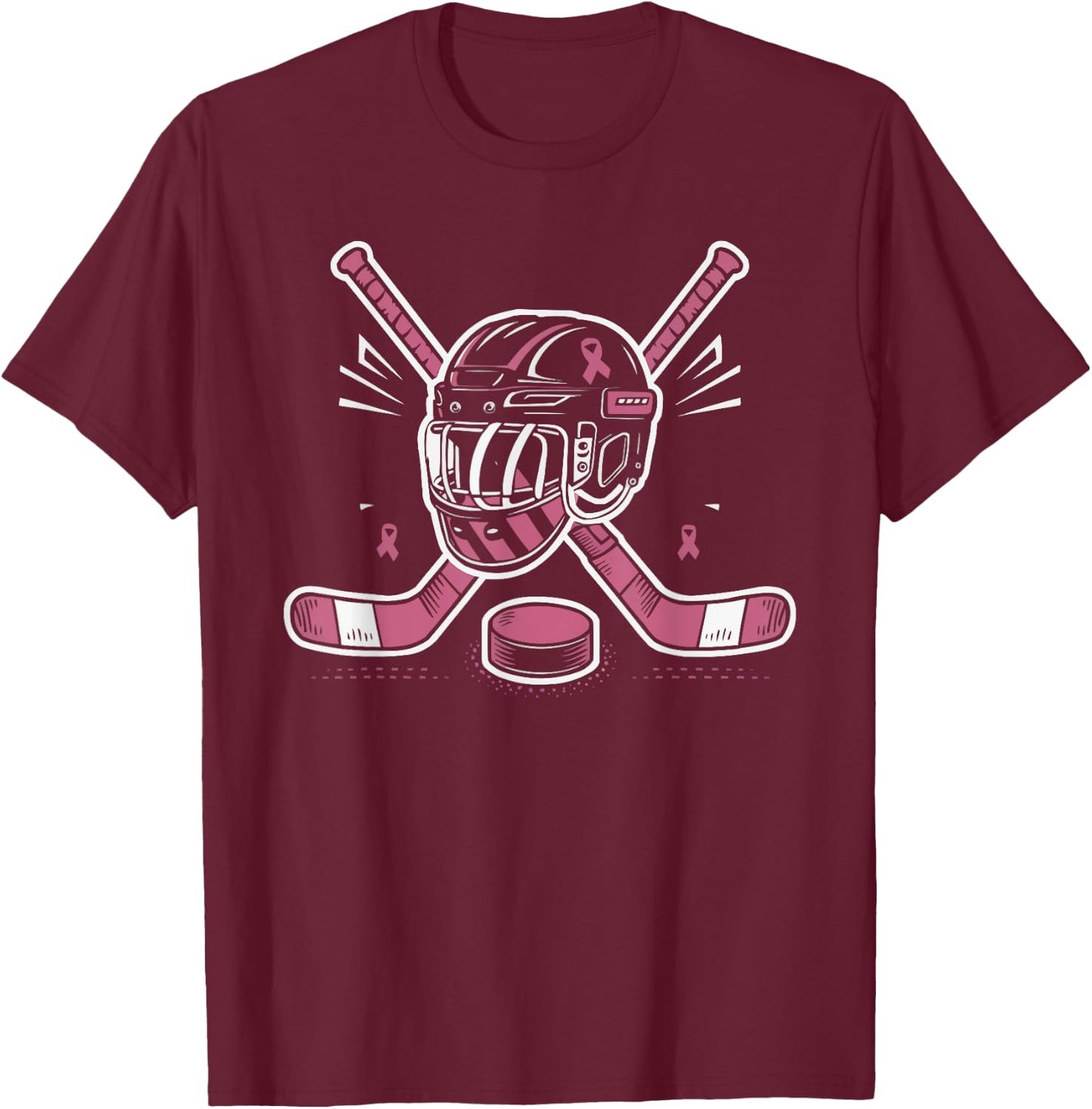 Ice Hockey Breast Cancer Awareness Month Pink Ribbon T-Shirt - T-Shirt | Maroon