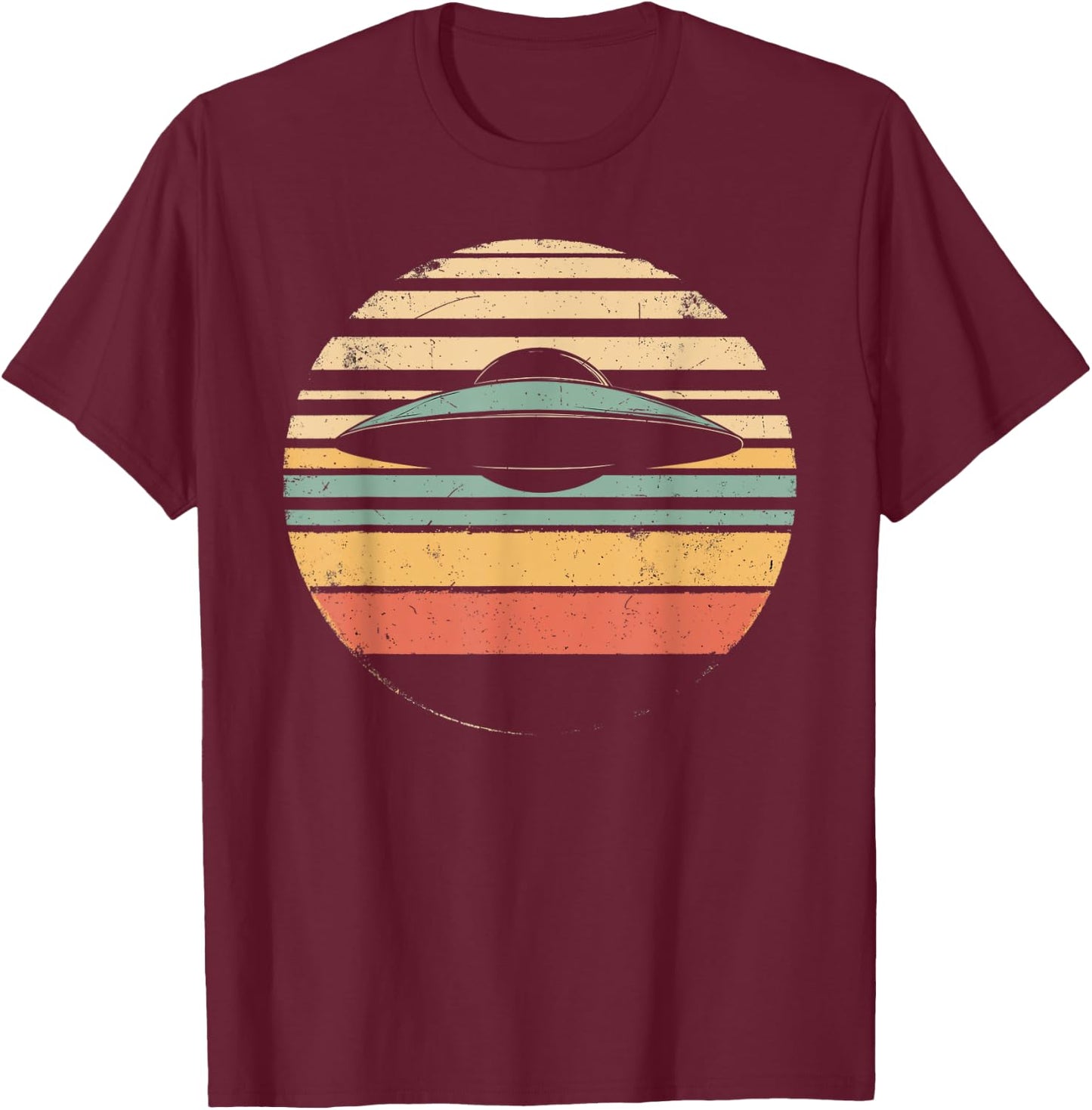 Vintage Retro Style Sunset Alien UFO Lovers Space Ship Funny T-Shirt - T-Shirt | Maroon