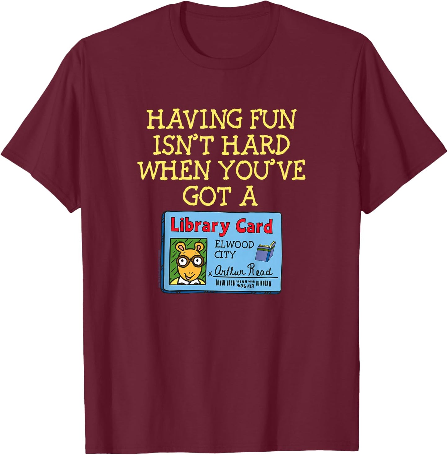 Kids Arthur Having Fun with a Library Card Cartoon T-Shirt - T-Shirt | Maroon