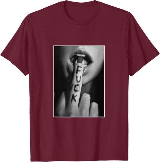 Woman Showing Middle Finger Black Print on Cool Design , black T-Shirt - T-Shirt | Maroon
