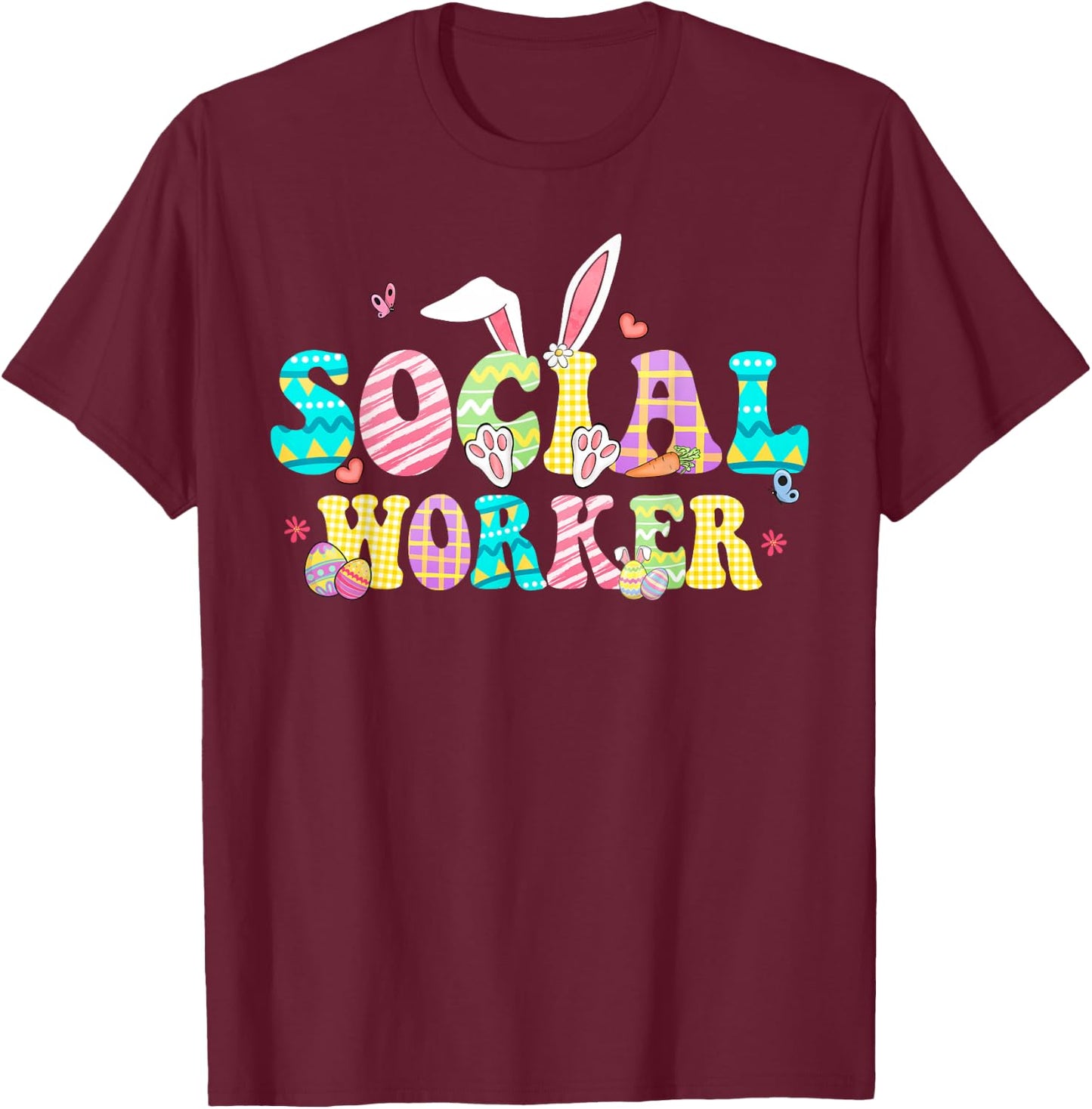 School Social Worker Happy Easter Bunny Eggs Rabbit T-Shirt - T-Shirt | Maroon