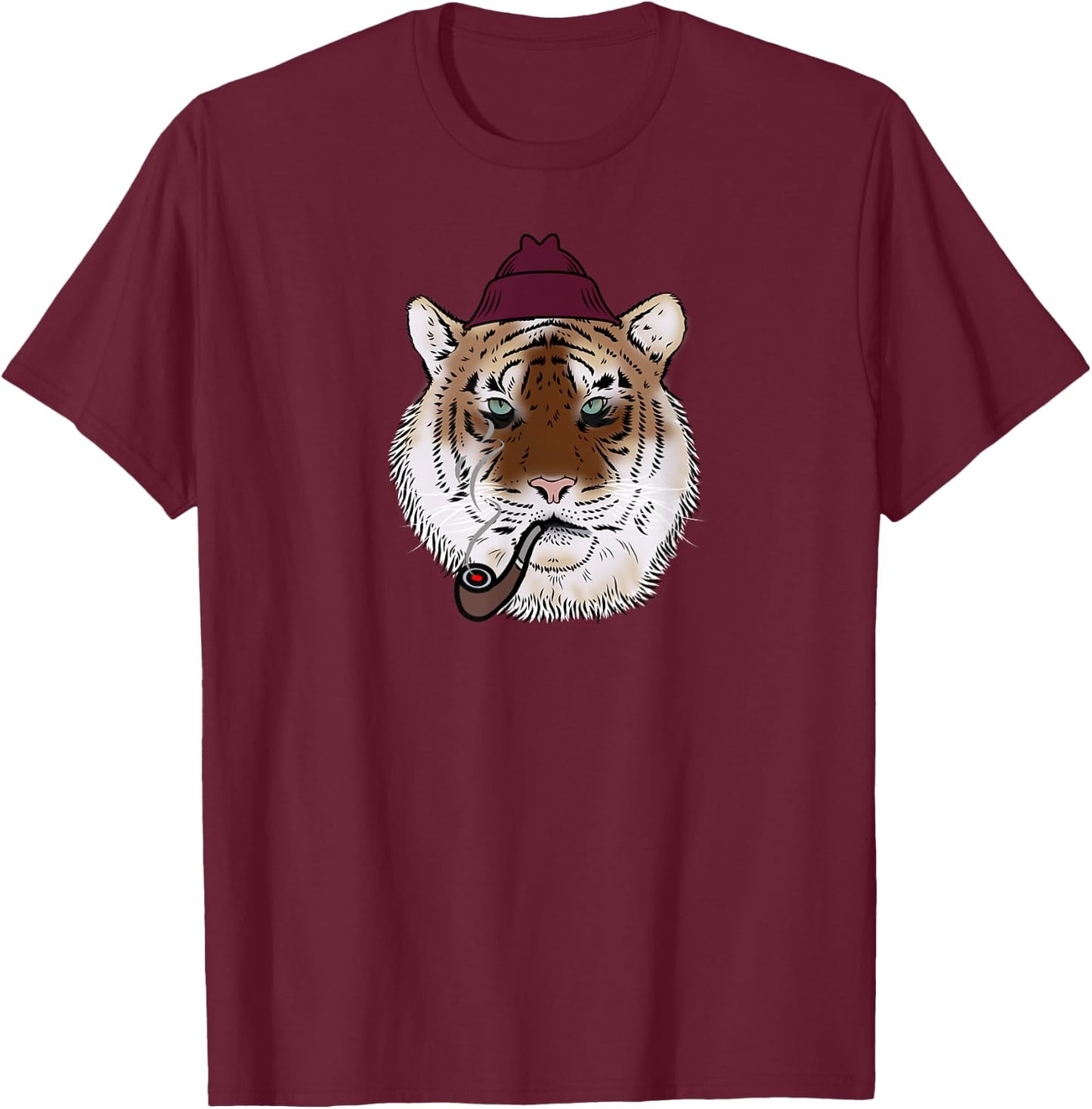 Tiger head face with a hat smoking a pipe cool big cat love T-Shirt - T-Shirt | Maroon
