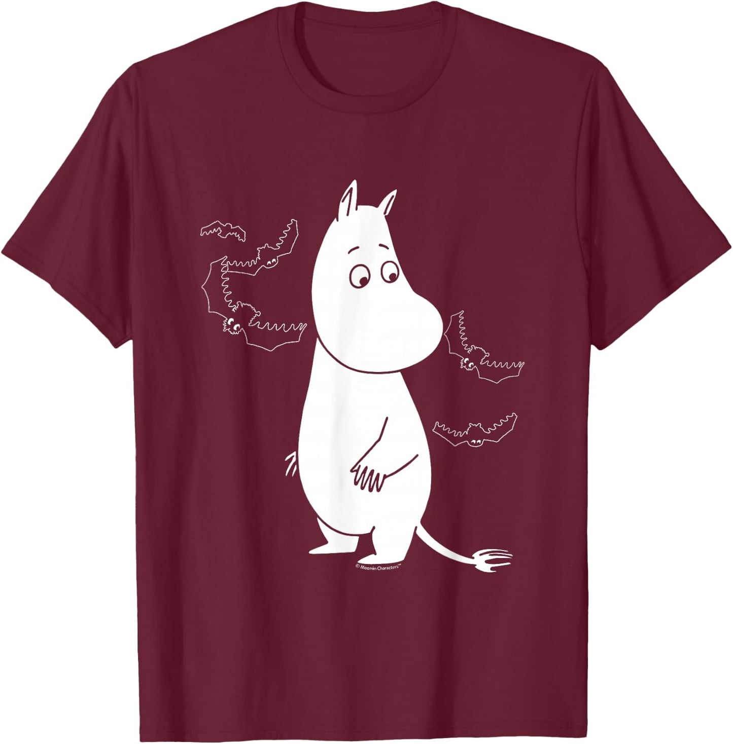 Moomin Moomintroll Surrounded by Scary Bats , Black, S T-Shirt - T-Shirt | Maroon