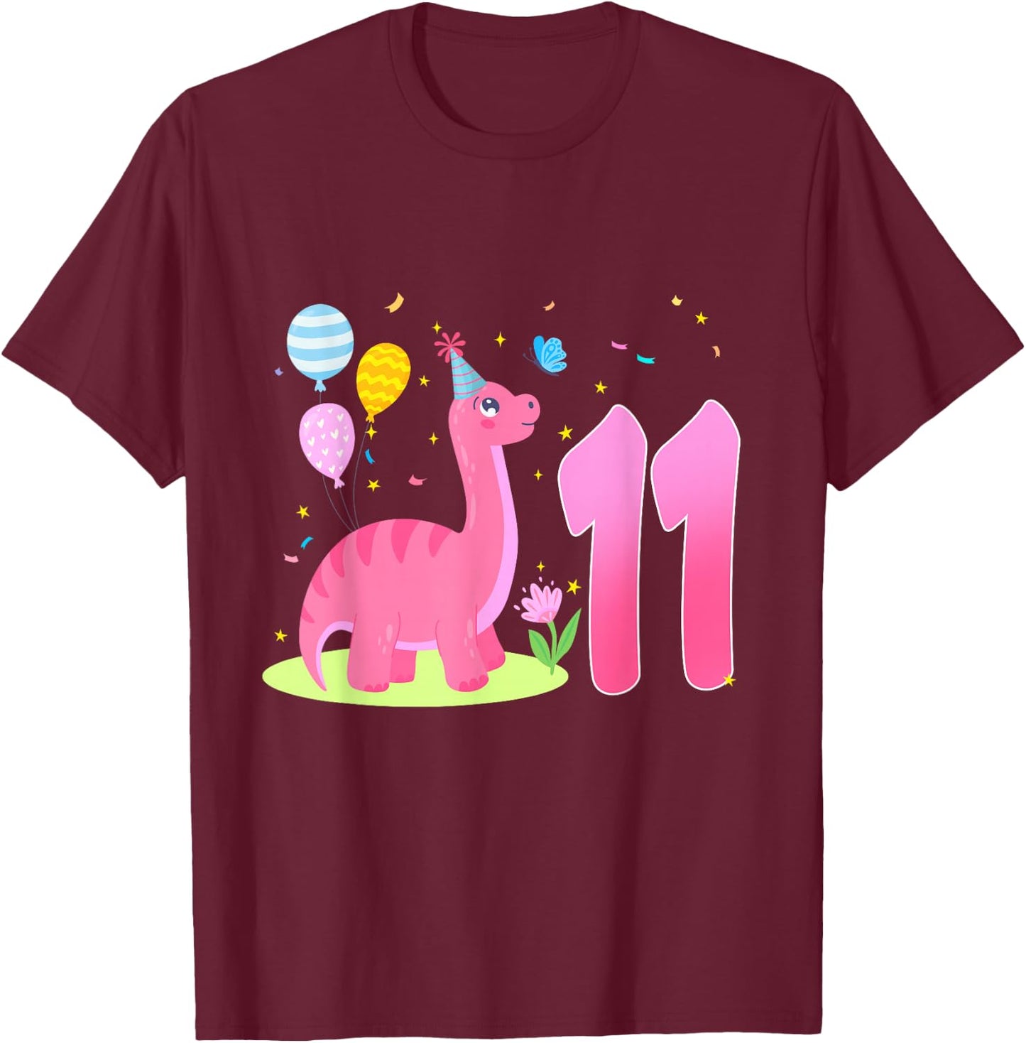 11th Birthday Girl 11 Year Old Birthday Dinosaur Party T-Shirt - T-Shirt | Maroon