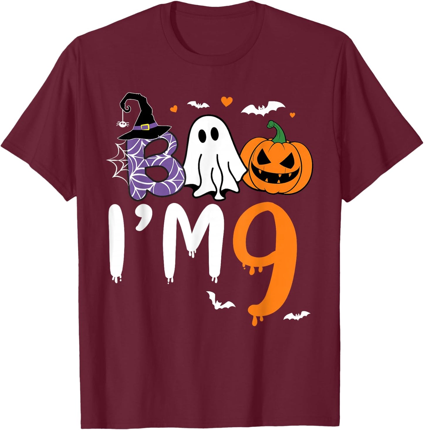 Boo I'm 9 Year Old Ghost 9th Birthday Boy Halloween Costume T-Shirt - T-Shirt | Maroon