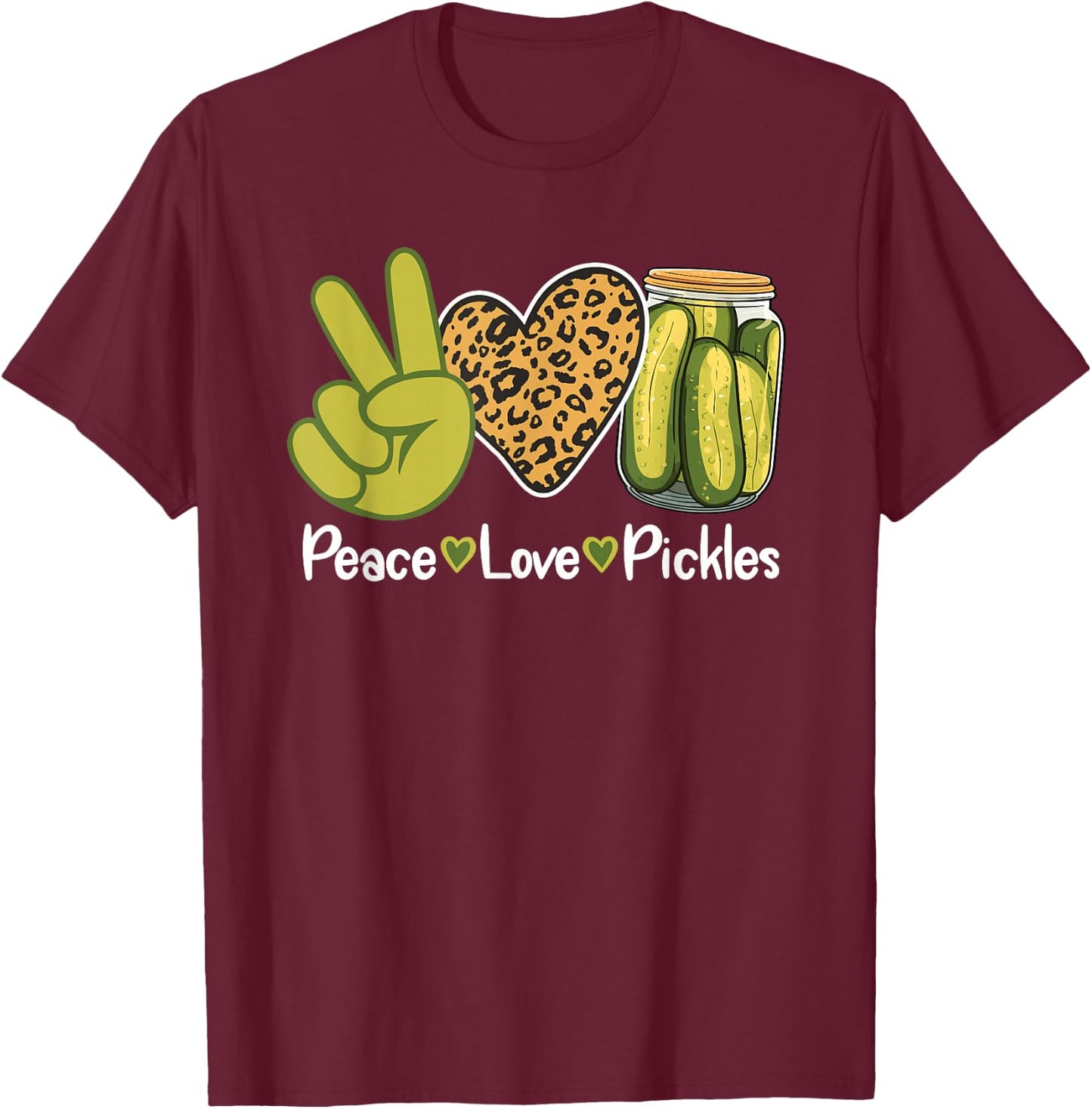 Funny Pickle Lover Leopard Print Retro Peace Love Pickles T-Shirt - T-Shirt | Maroon