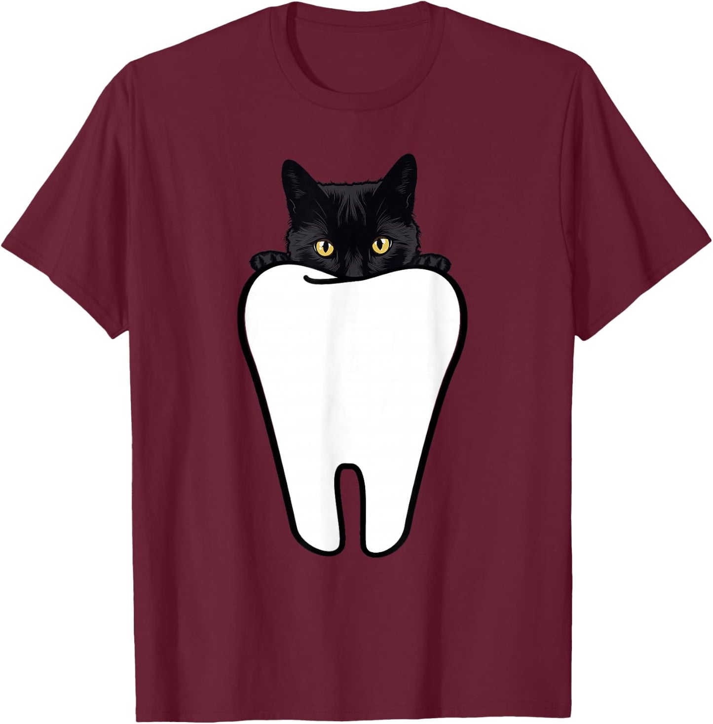 Peeking Black Cat Tooth Funny Dental Halloween Dentist Treat T-Shirt - T-Shirt | Maroon