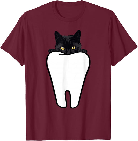 Peeking Black Cat Tooth Funny Dental Halloween Dentist Treat T-Shirt - T-Shirt | Maroon