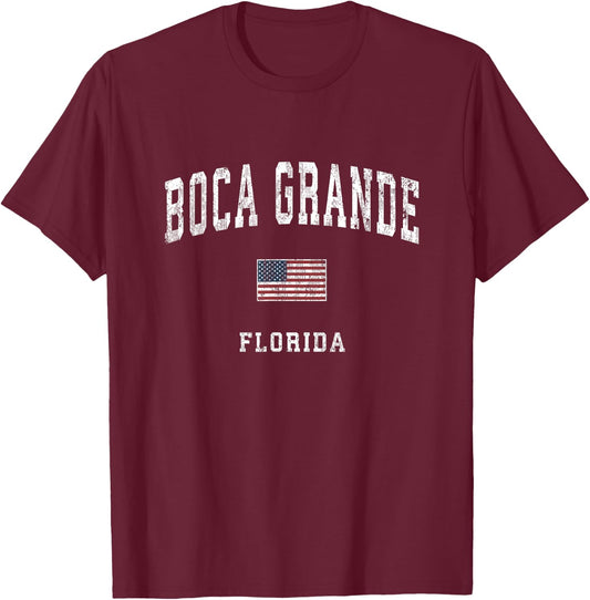 Boca Grande Florida FL Vintage American Flag Sports Design T-Shirt - T-Shirt | Maroon