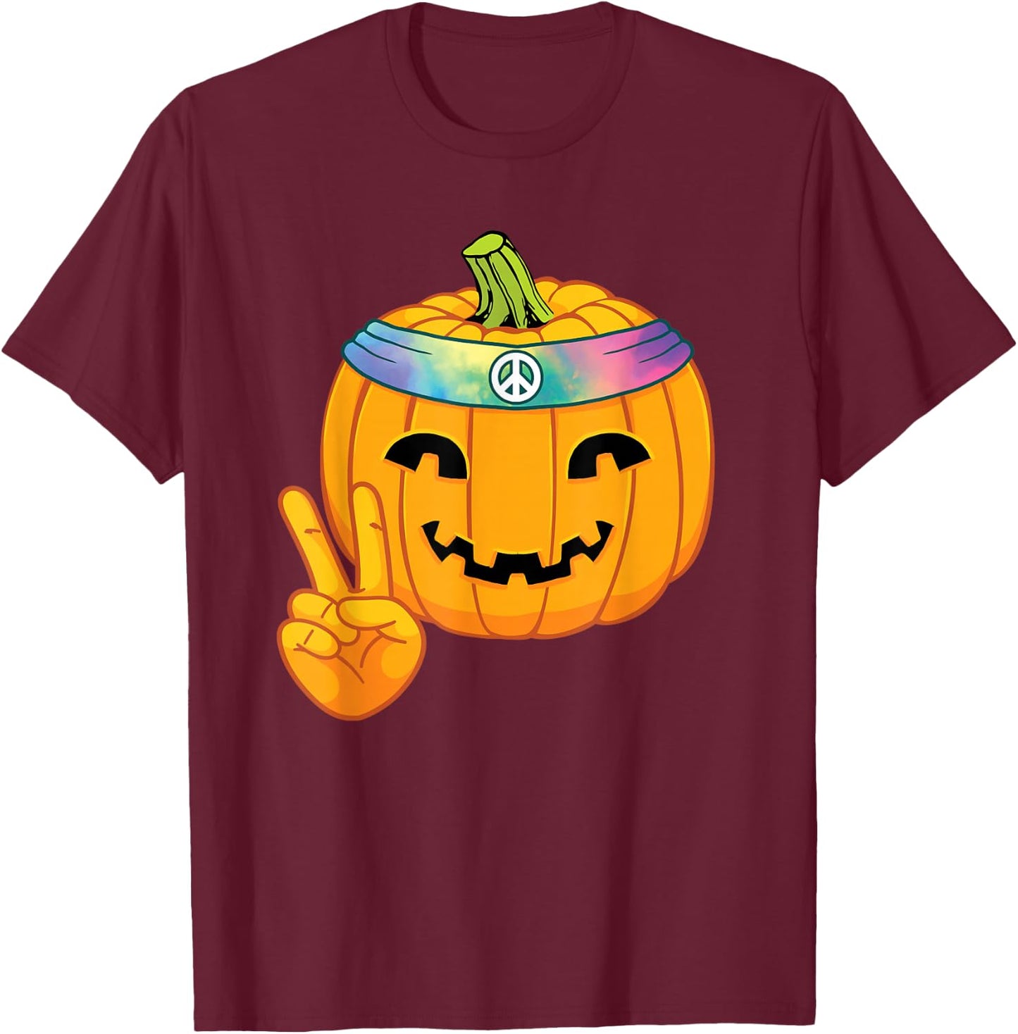 Hippie Halloween Pumpkin Peace Sign Hand Headband Tie Dye T-Shirt - T-Shirt | Maroon