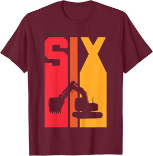 Kids 6th Birthday Boy 6 Year Old Construction Truck Excavator T-Shirt - T-Shirt | Maroon