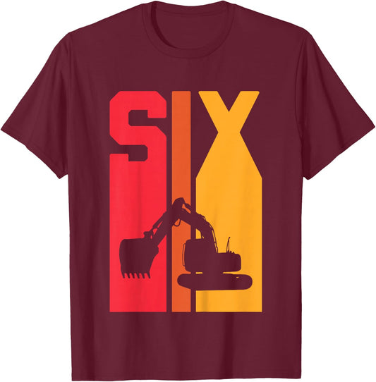 Kids 6th Birthday Boy 6 Year Old Construction Truck Excavator T-Shirt - T-Shirt | Maroon