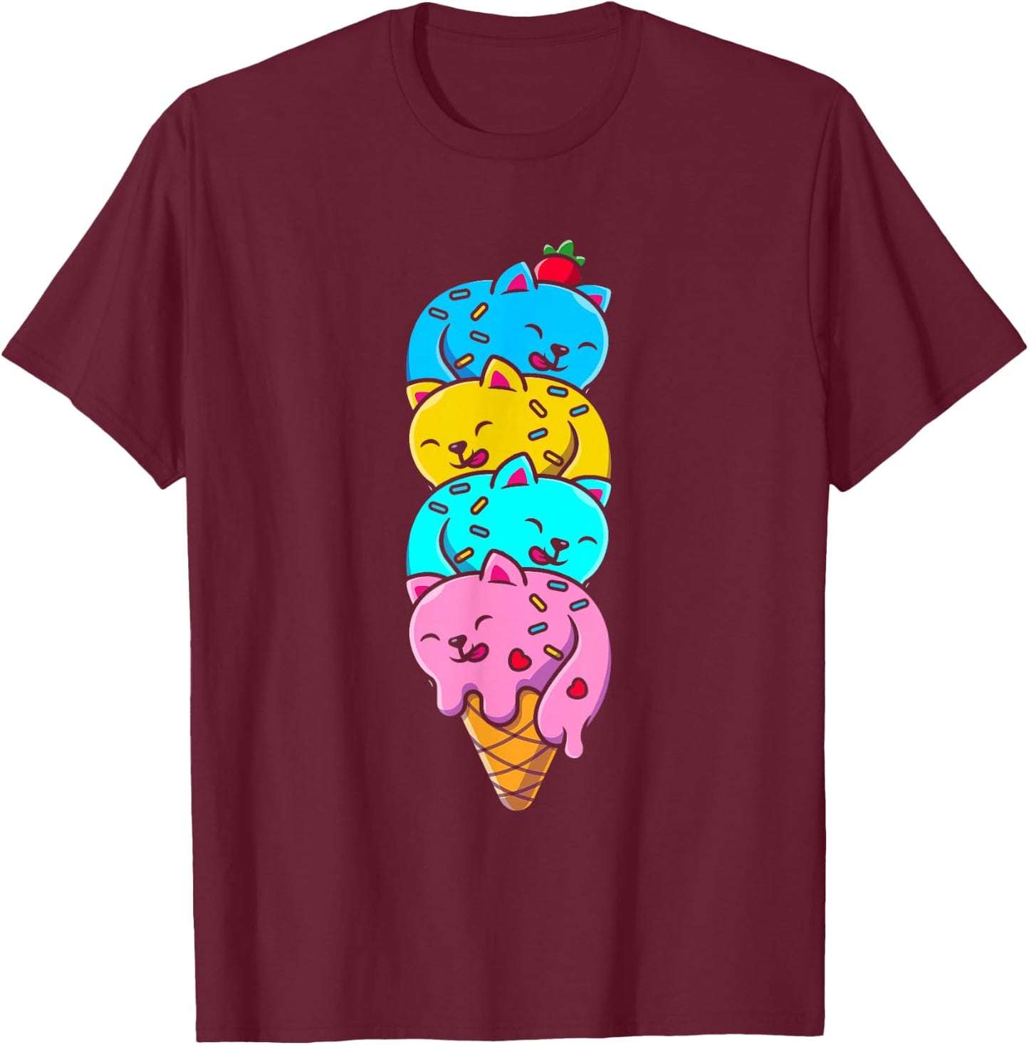 Cat Funny Cute Cat Ice Cream Woman Cute Men Kids T-Shirt - T-Shirt | Maroon