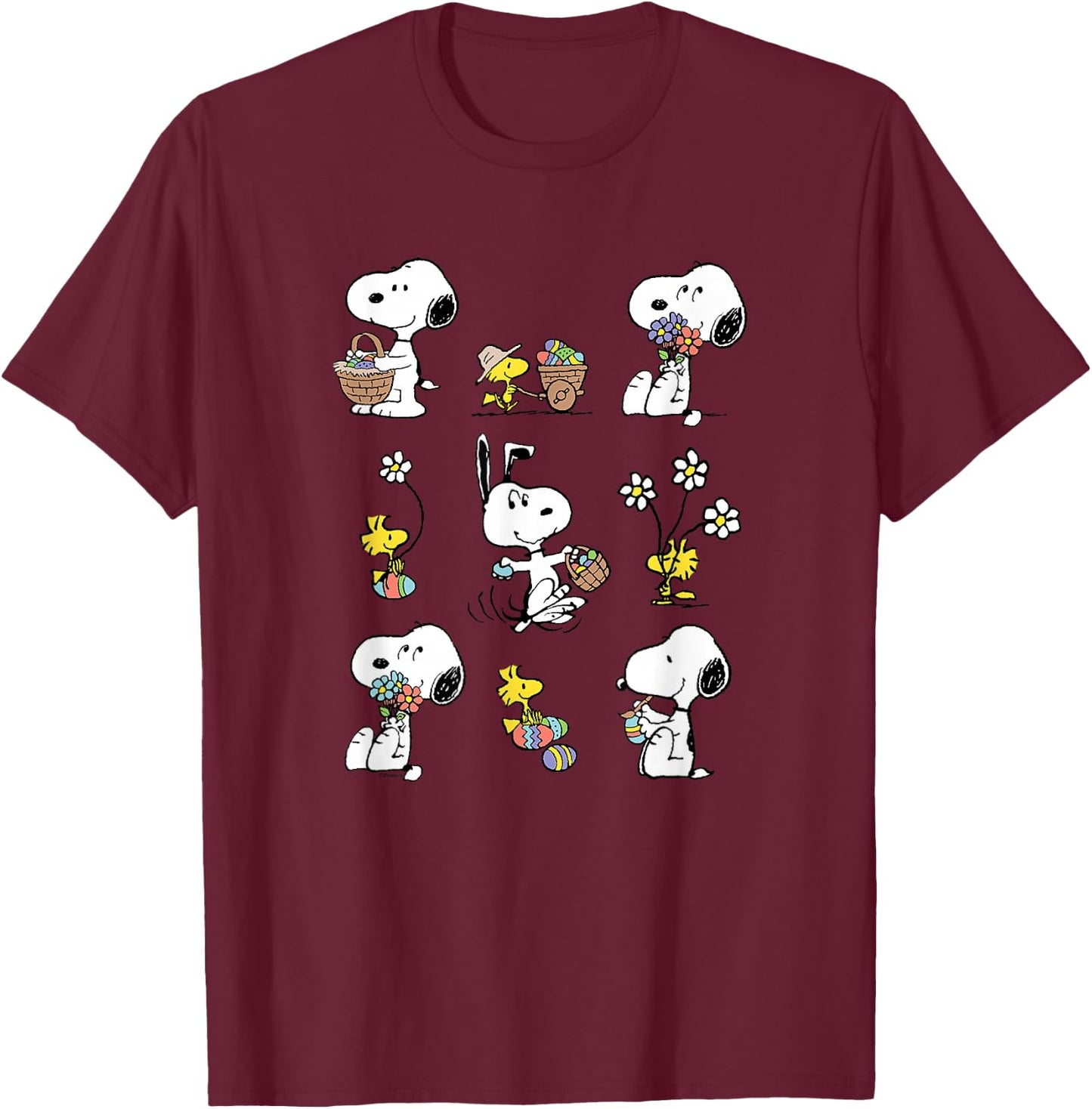 Peanuts Snoopy Woodstock Easter Spring Pattern , gray T-Shirt - T-Shirt | Maroon