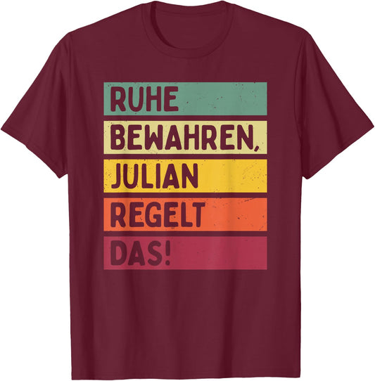with German Text in Retro Colours Julian Regelt, black T-Shirt - T-Shirt | Maroon