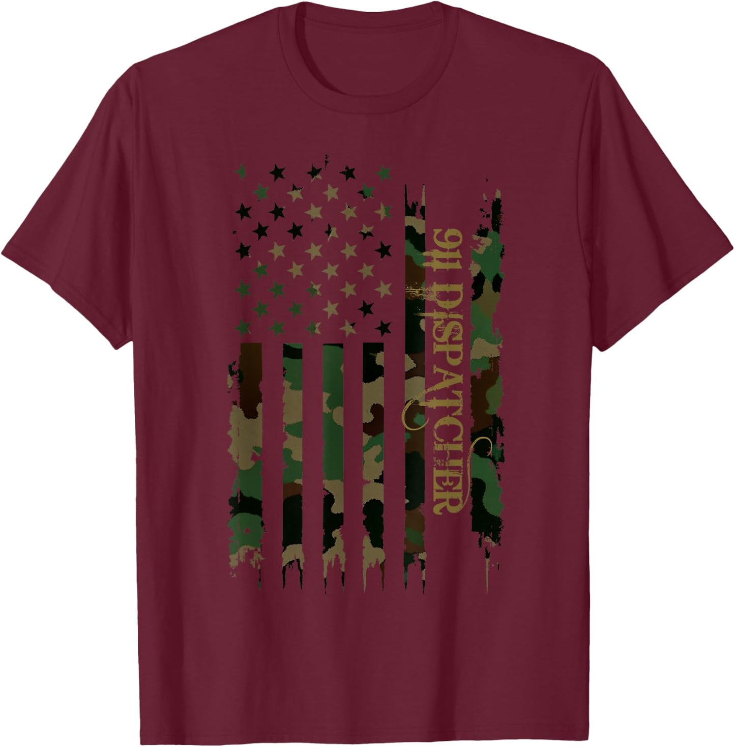 911 Dispatcher United States Distressed Camo w US Flag T-Shirt - T-Shirt | Maroon
