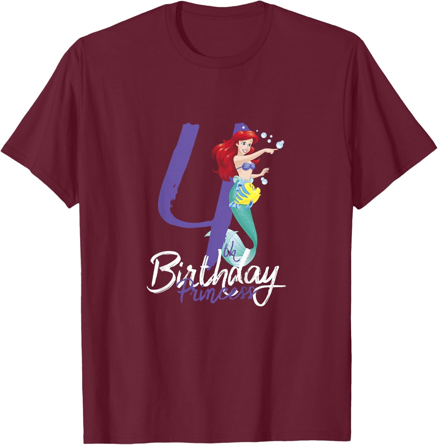Kids Disney Princess Ariel The Little Mermaid 4th Birthday T-Shirt - T-Shirt | Maroon