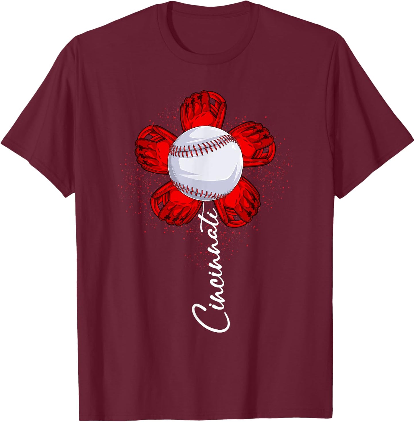 Cute Flower Cincinnati Retro Baseball Lover Game Day T-Shirt - T-Shirt | Maroon