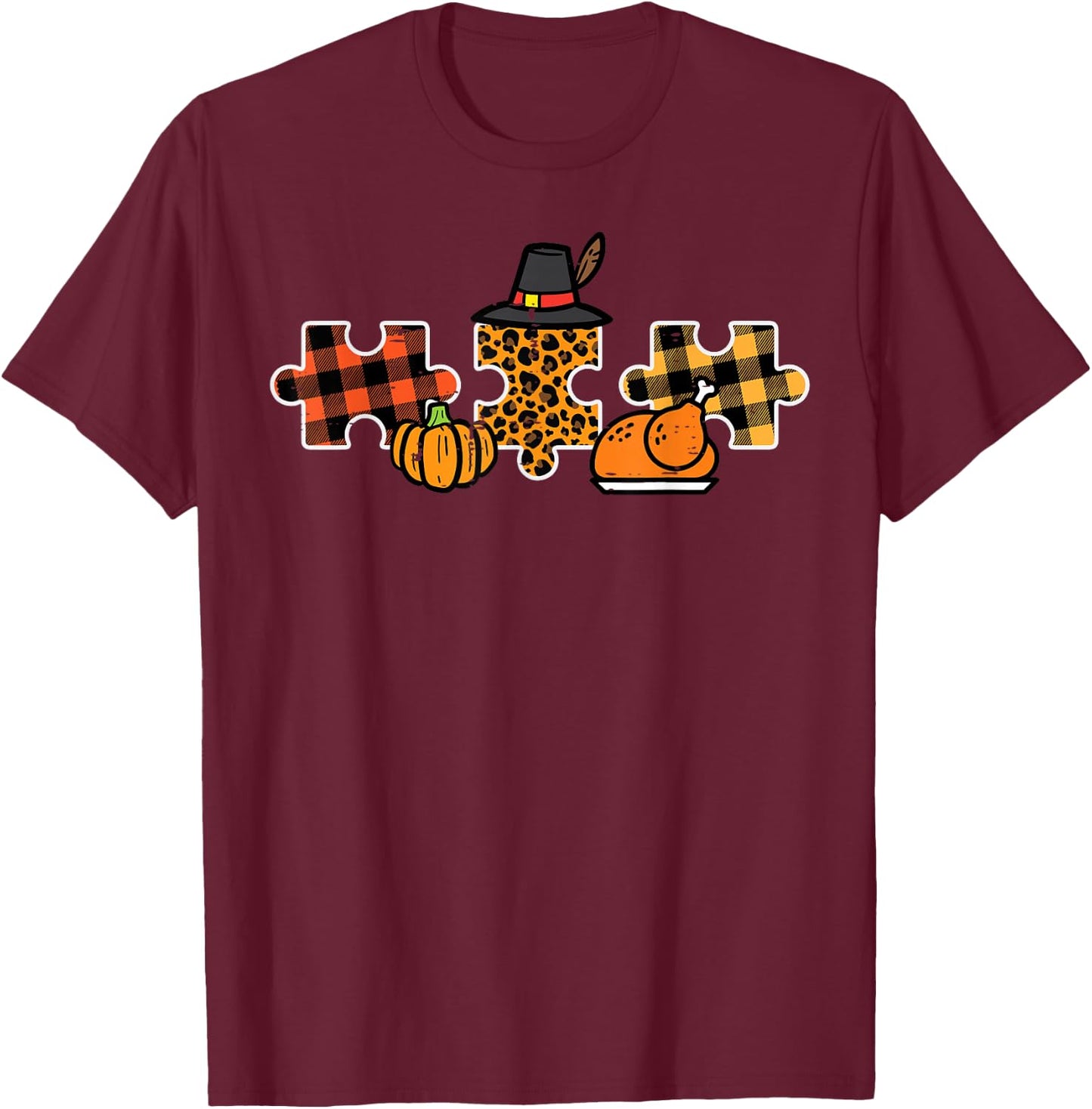 Thanksgiving Autism Awareness Puzzle Fall Women Men Kids T-Shirt - T-Shirt | Maroon