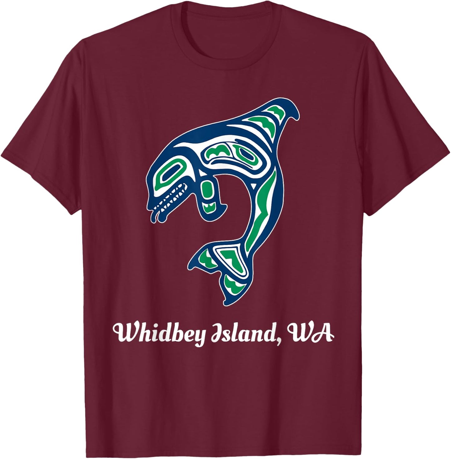 Green Native American Whidbey Island WA Killer Whale T-Shirt - T-Shirt | Maroon