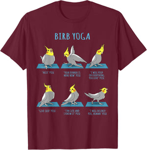 Funny Cockatiel Yoga Poses Birb Memes Cute Parrot Doodle T-Shirt - T-Shirt | Maroon