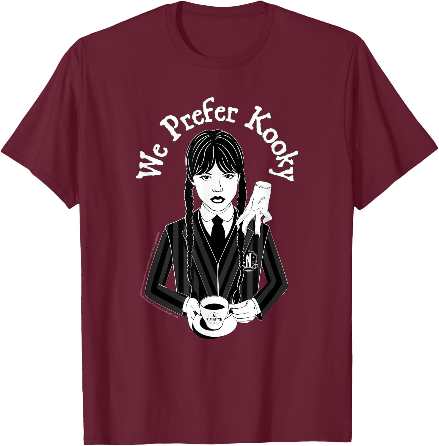 Wednesday & Thing We Prefer Kooky Black & White Portrait T-Shirt - T-Shirt | Maroon