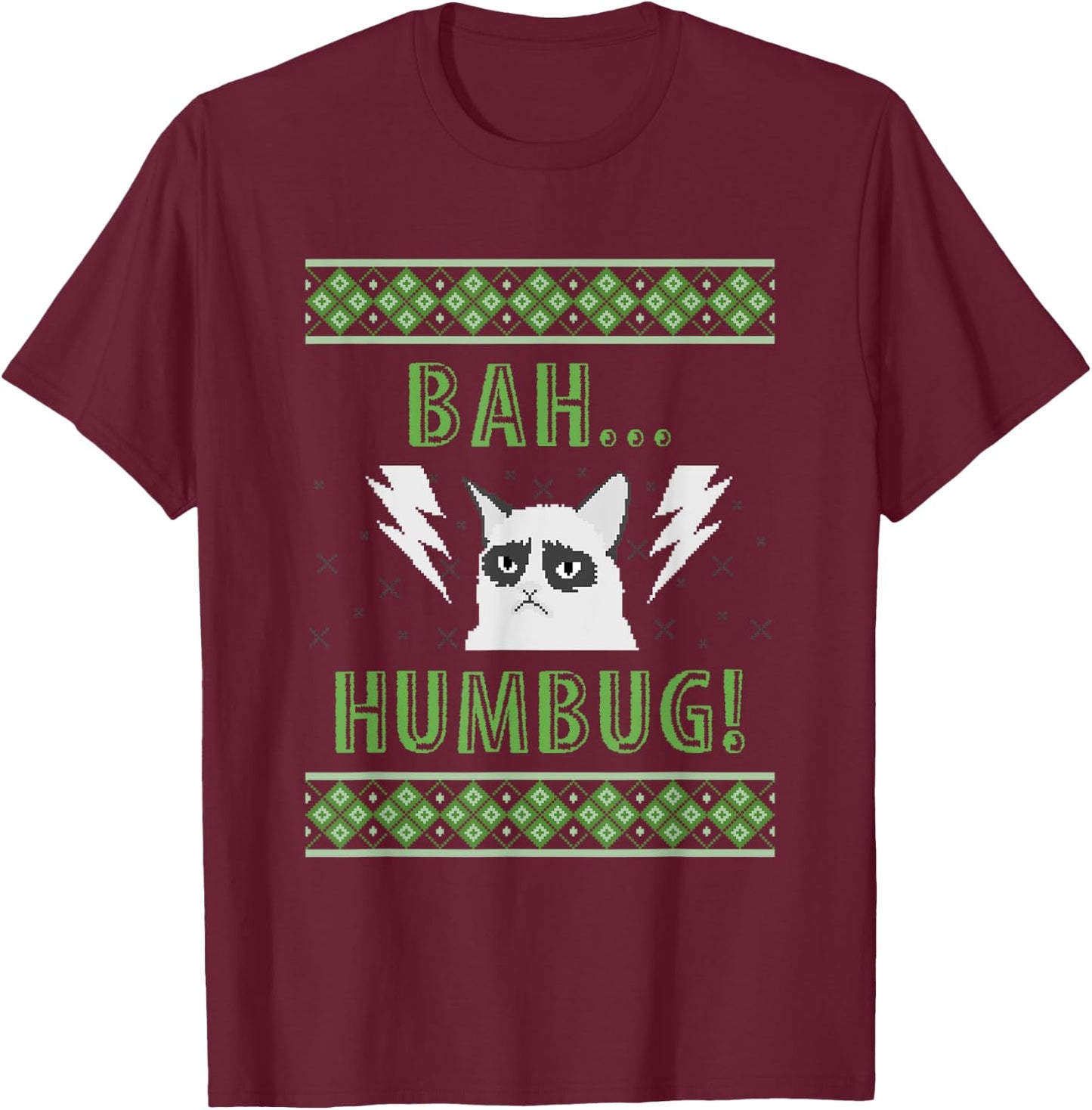 Bah Humbug Grouchy Cat Ugly Christmas Sweater Style T Shirt Women Kids T-Shirt - T-Shirt | Maroon